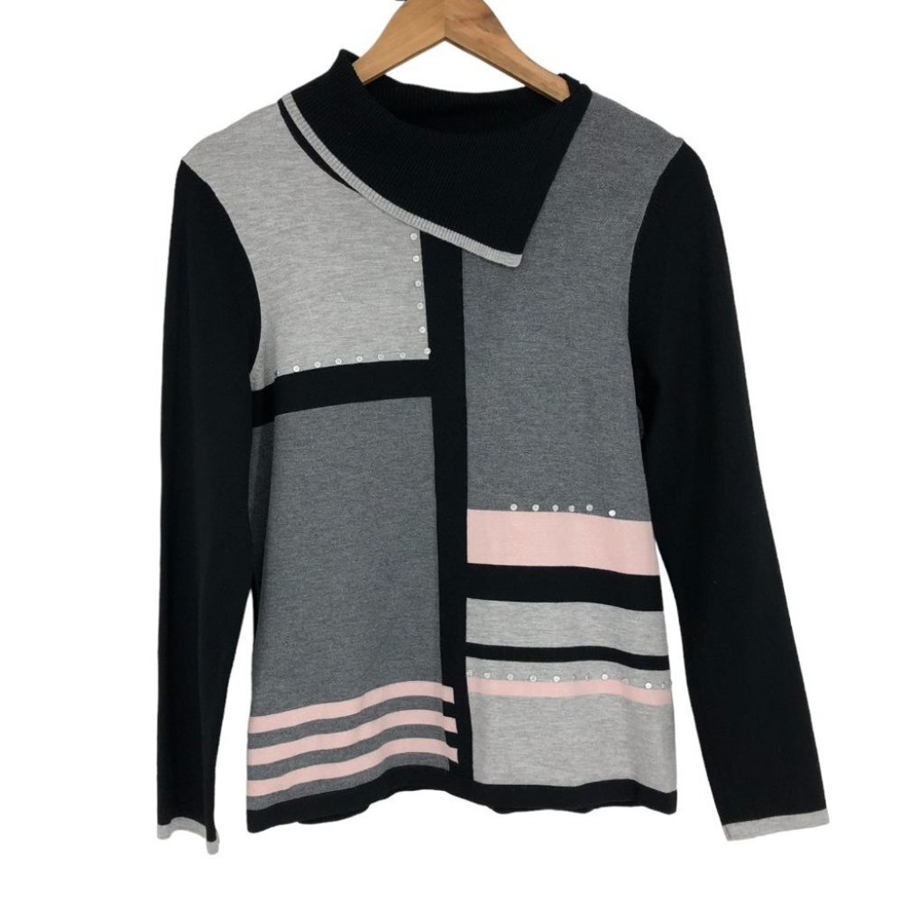 Laura Petites Black Grey Pink colorblock long sleeve Fold-Over Neckline Collar M